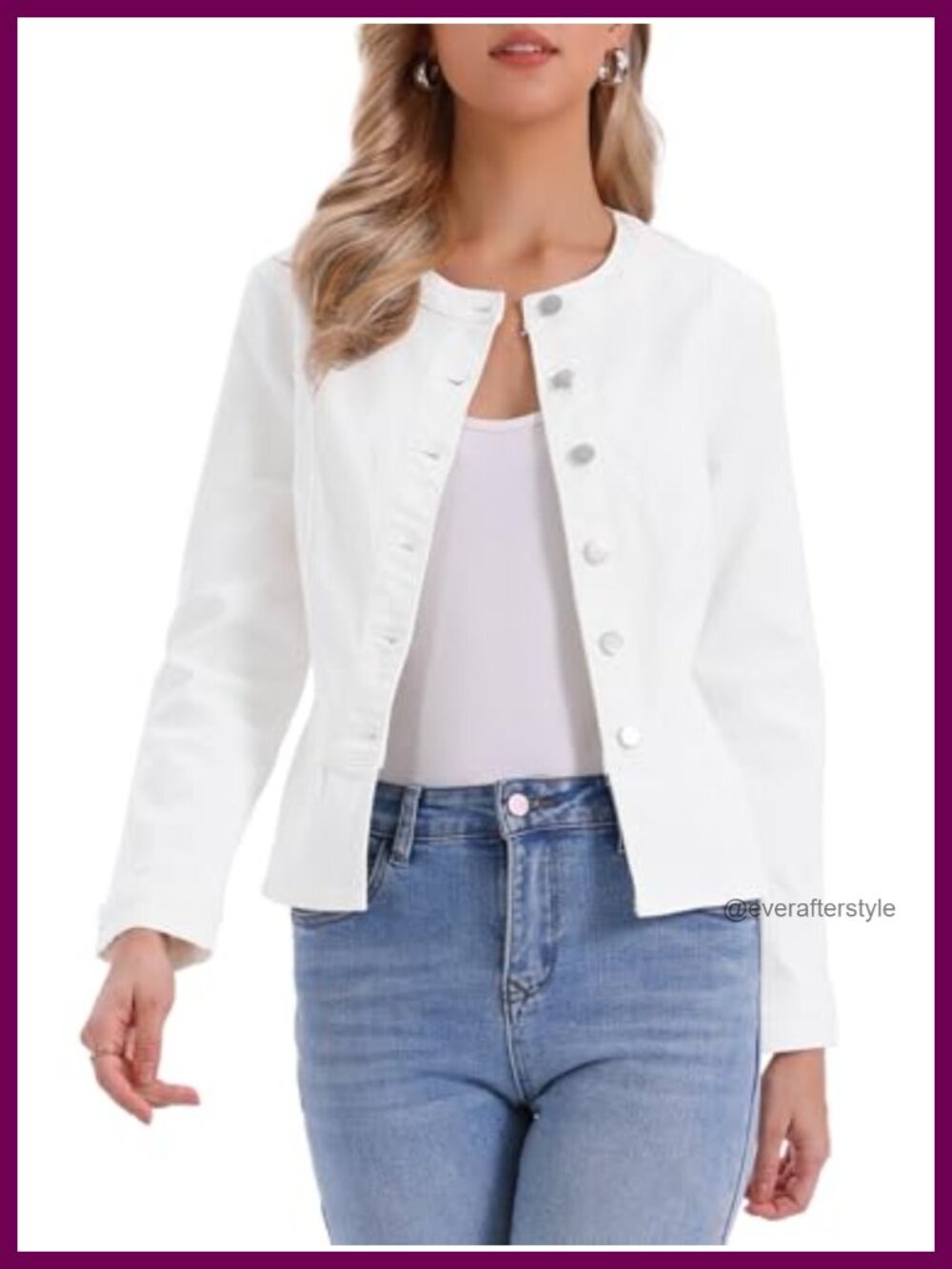 Collarless Peplum Denim Jacket Button Down Long Sleeve Stretch